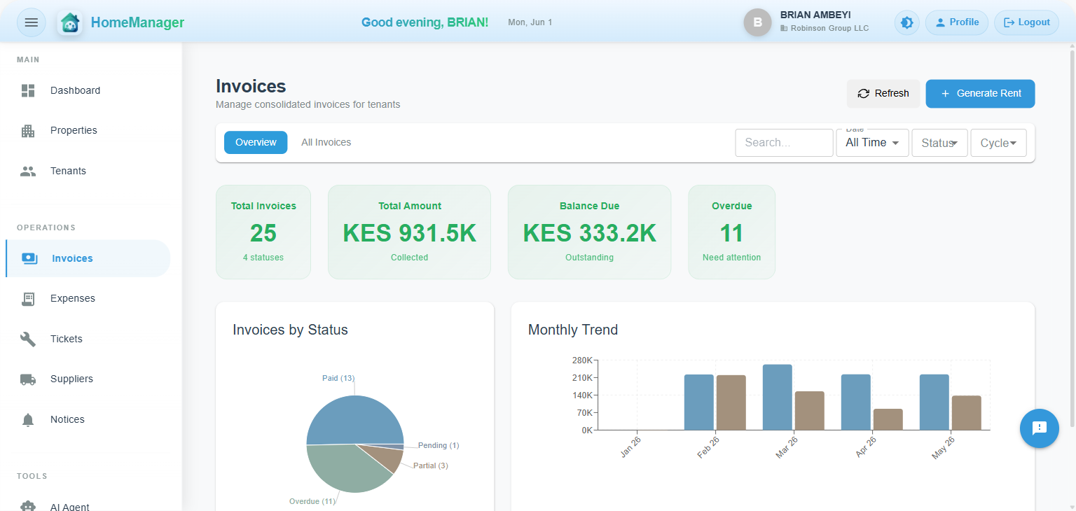 HomeManager invoices dashboard showing invoice statuses, amounts, and payment tracking